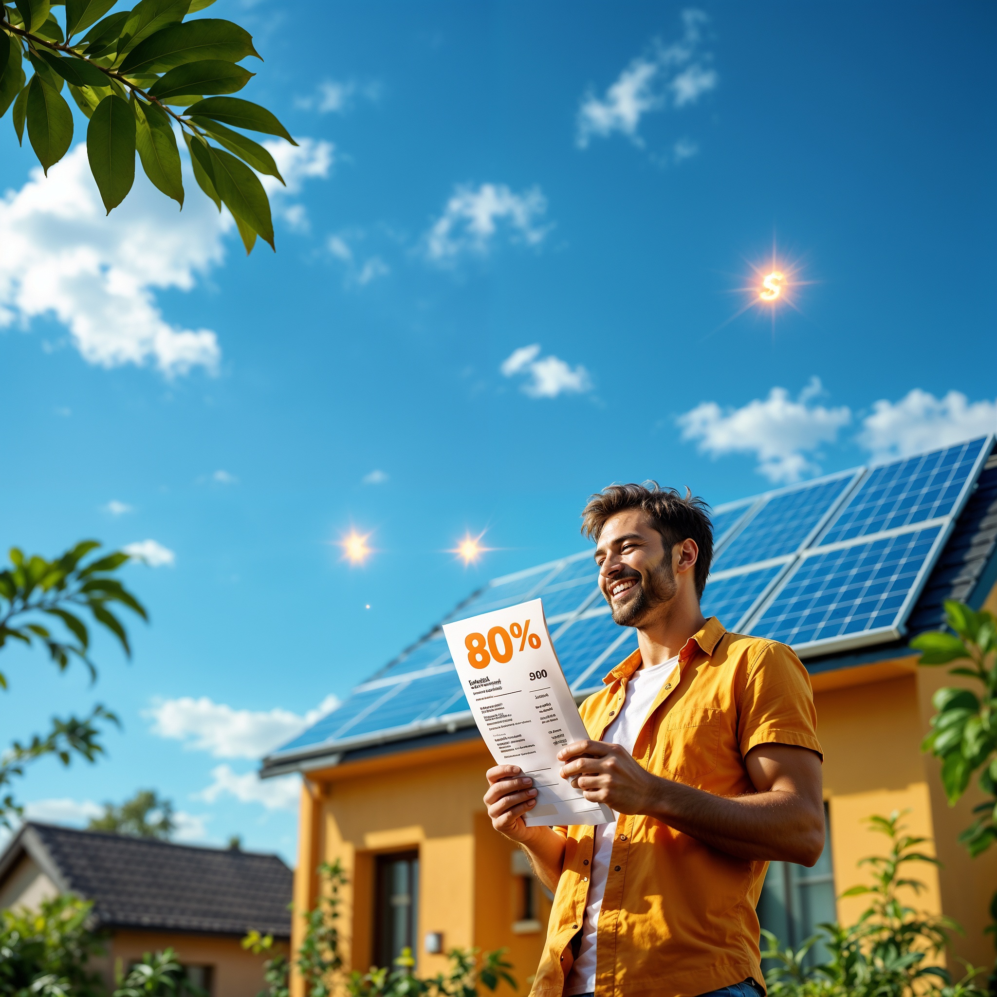 Instalación de paneles solares en el techo de una casa en Guatemala, con un propietario sosteniendo una factura de electricidad con un 80% de ahorro, representando los beneficios de la energía solar en el ahorro económico y la sostenibilidad.